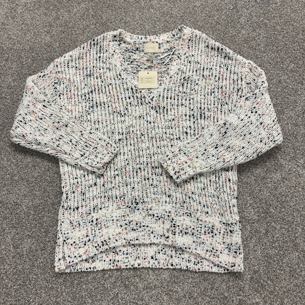 Cupio Sweater Womens Plus 1X White Open Knit V Neck Long Sleeve Pullover
